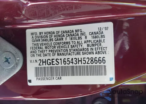 2003 Honda Civic Lx из США, поврежденный, VIN 2HGES16543H528666